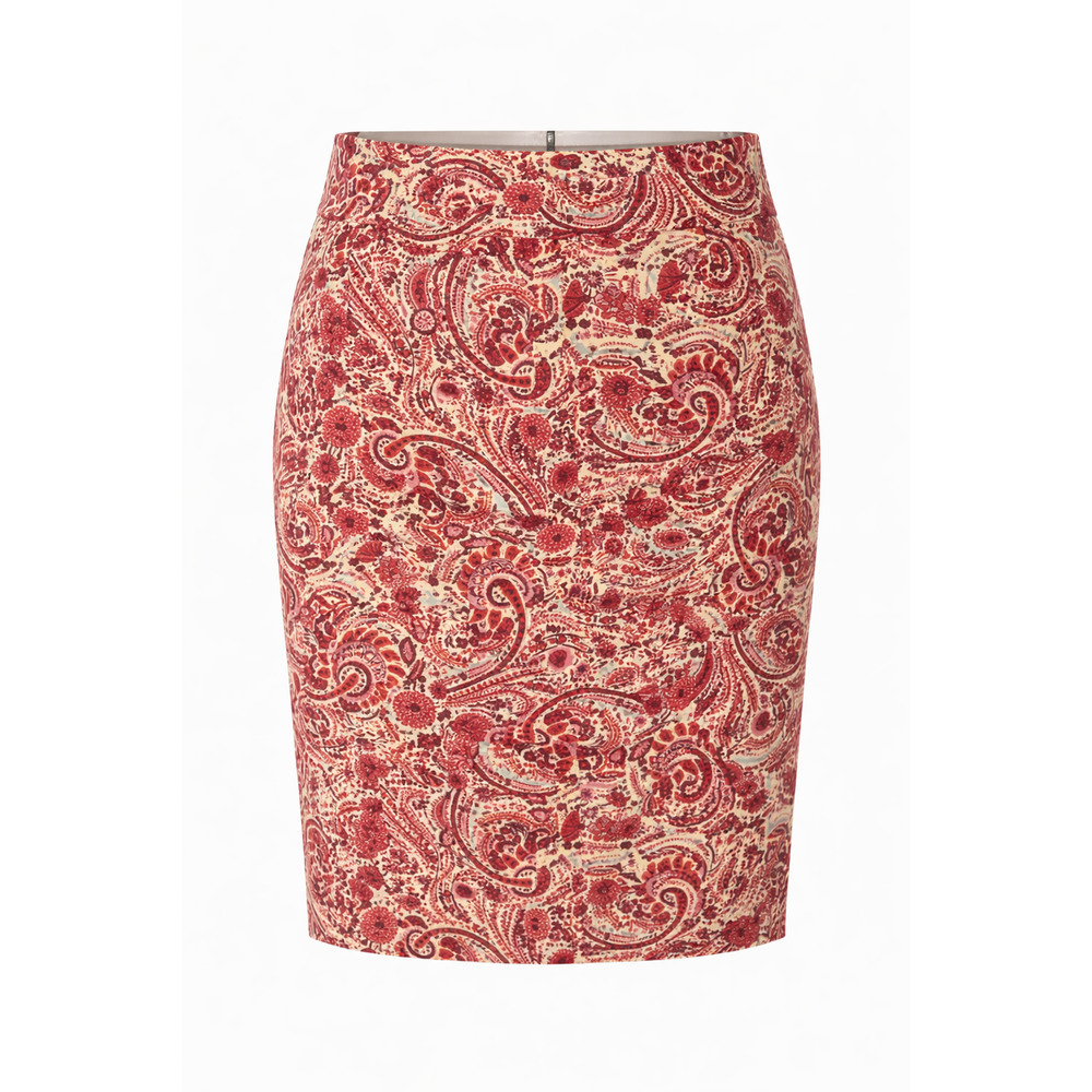 LOFT Paisley Pencil Skirt Red Cream Stretch Cotton Blend Back Zip Career 8